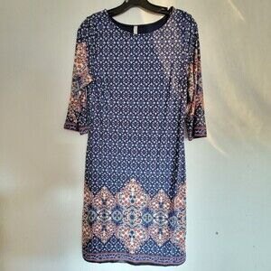 Gilli Blue Red White Geometric Paisley Print 3/4 Sleeve Stretchy Shift Dress Sm